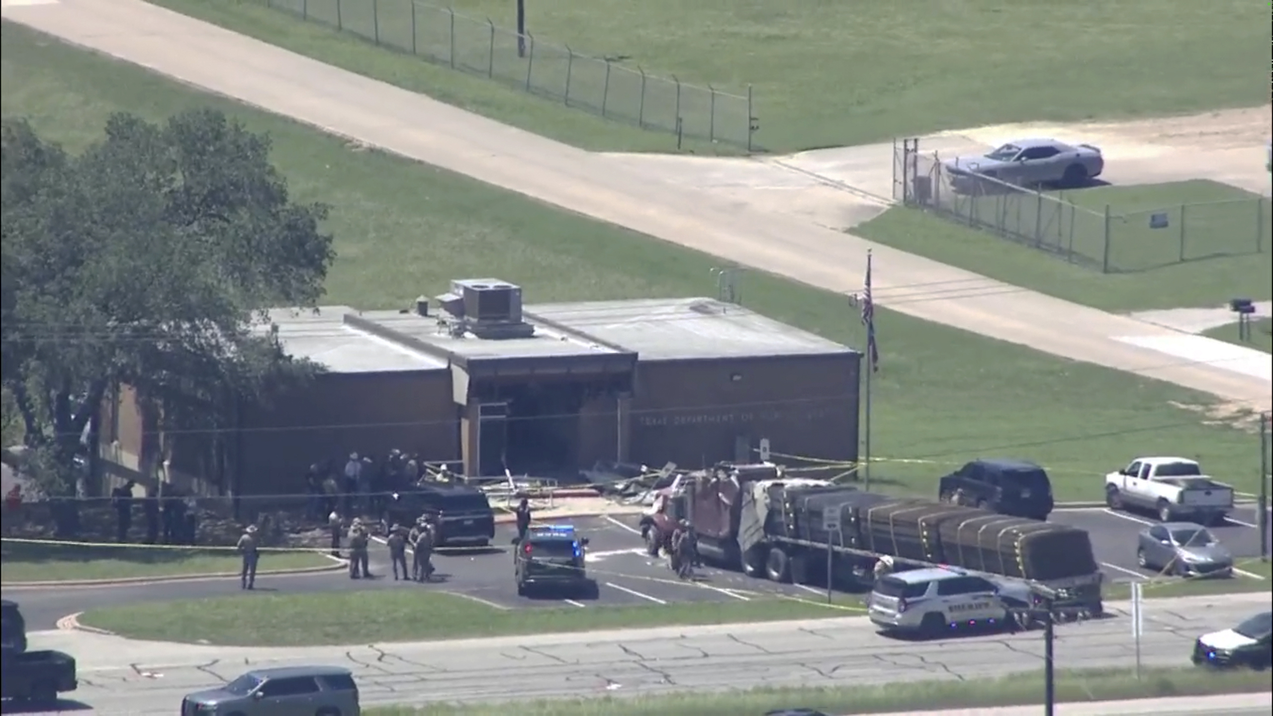 He is denied a driver’s license and crashes his trailer into an office in Texas