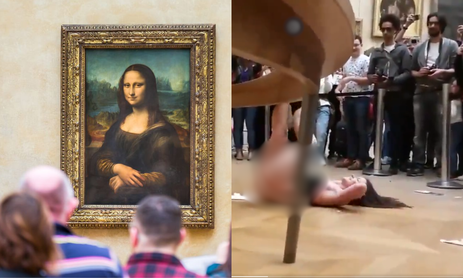 A woman poses naked in front of a painting of the Mona Lisa at the Louvre Museum in Paris